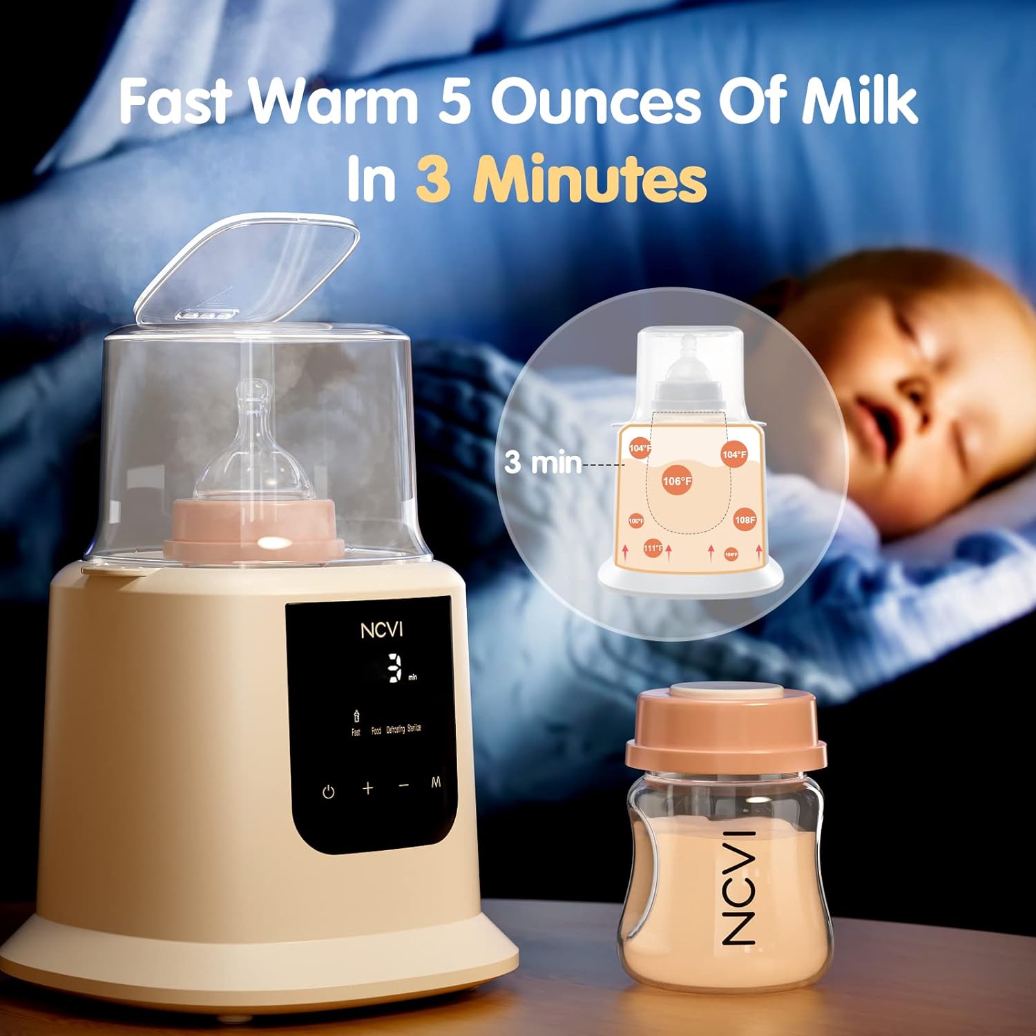 NCVI Baby Bottle Warmer, Milk Fast Heating & Defrosting Food Heater and Steam Sterilizer with LCD Display,Timer