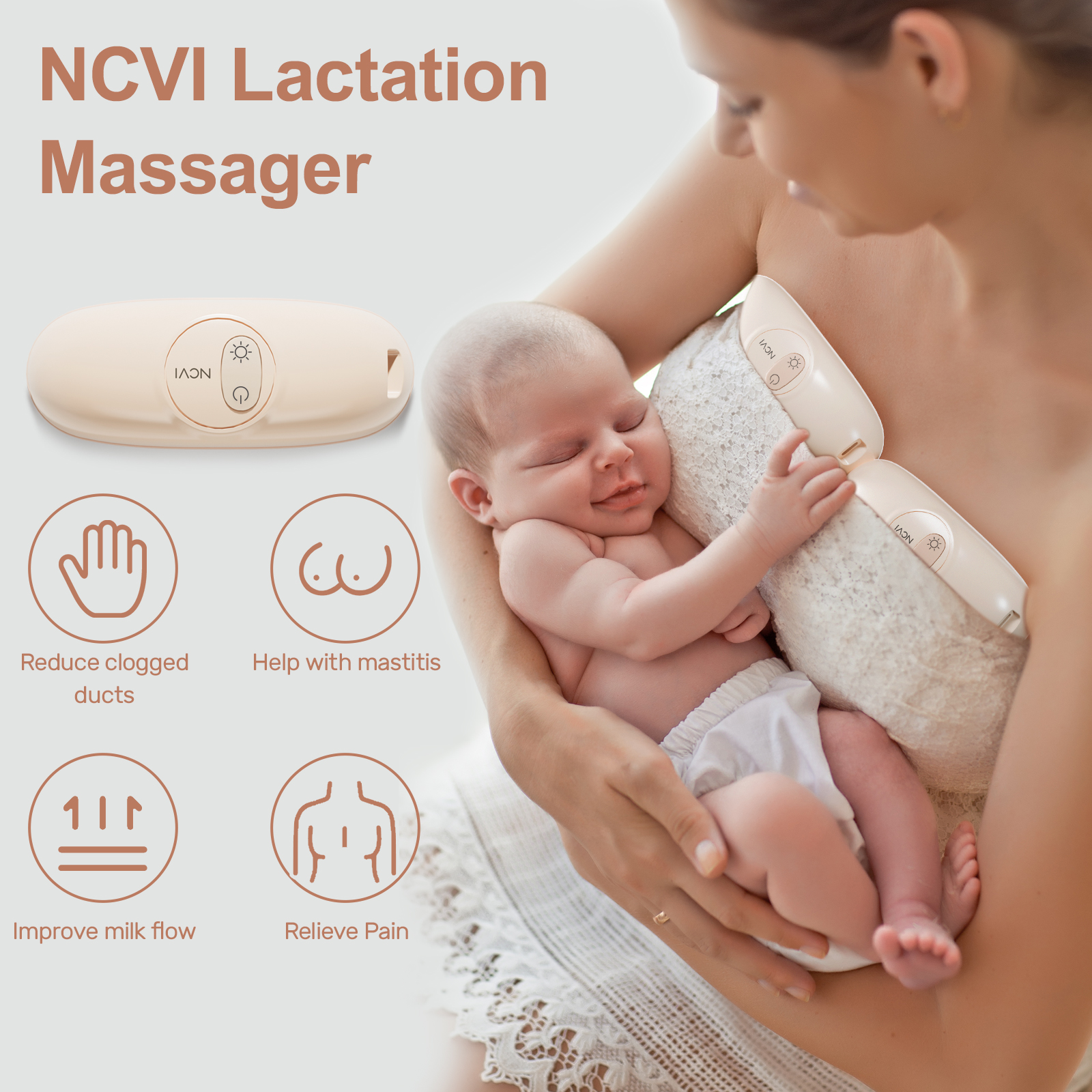 NCVI Warming Lactation Massager, 2-in-1 Breast Massager for Breastfeeding, Lactation Massager for Clogged Ducts, Engorgement, Heat & Vibration for Improved Milk Flow, Nursing Essentials 