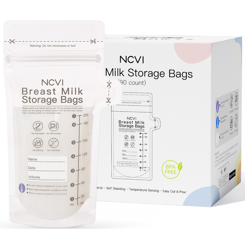 NCVI Breastmilk Storage Bags, Milk Storage Bags for Breastfeeding, 7oz Breast Milk Storage Bags with Temp-Sensing, Doubled-Sealed, Hygienically, Self Standing, Easy Pour Spout, BPA Free