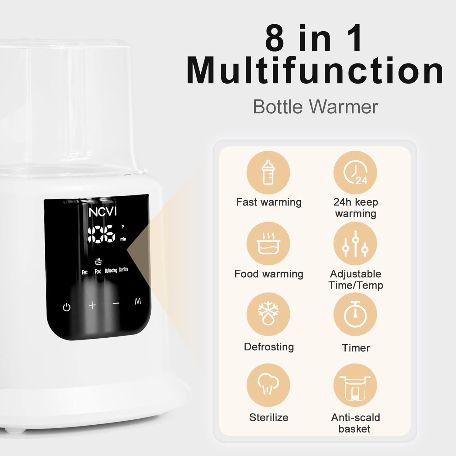 NCVI Baby Bottle Warmer, Milk Fast Heating & Defrosting Food Heater and Steam Sterilizer with LCD Display,Timer