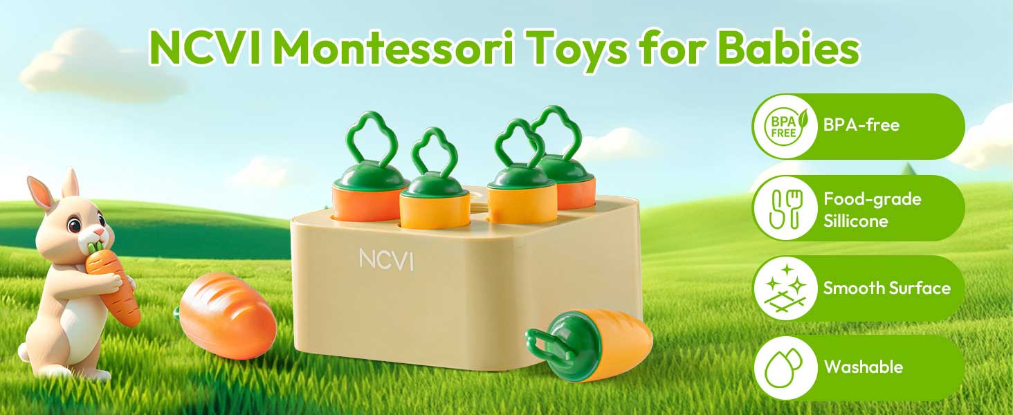 The silicone carrot harvest game toy offers an way for age 1-3 year old girls and boys to build fine motor skills to boot.