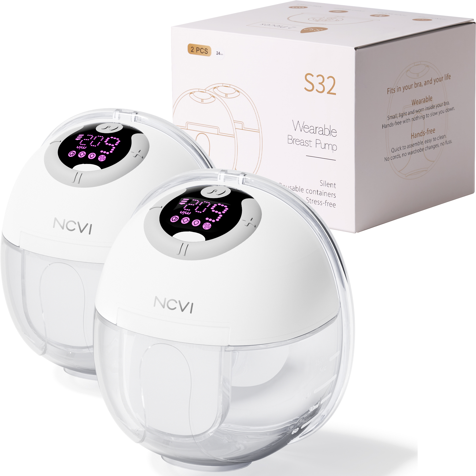 NCVI Breast Pump Hands Free, Wearable Pumps S32 for Breastfeeding, Electric Breast Pump with 4 Modes & 9 Levels, Wireless Portable Breast Pump with LCD Display, 24mm Flange, Quiet & Discreet, 2 Pack