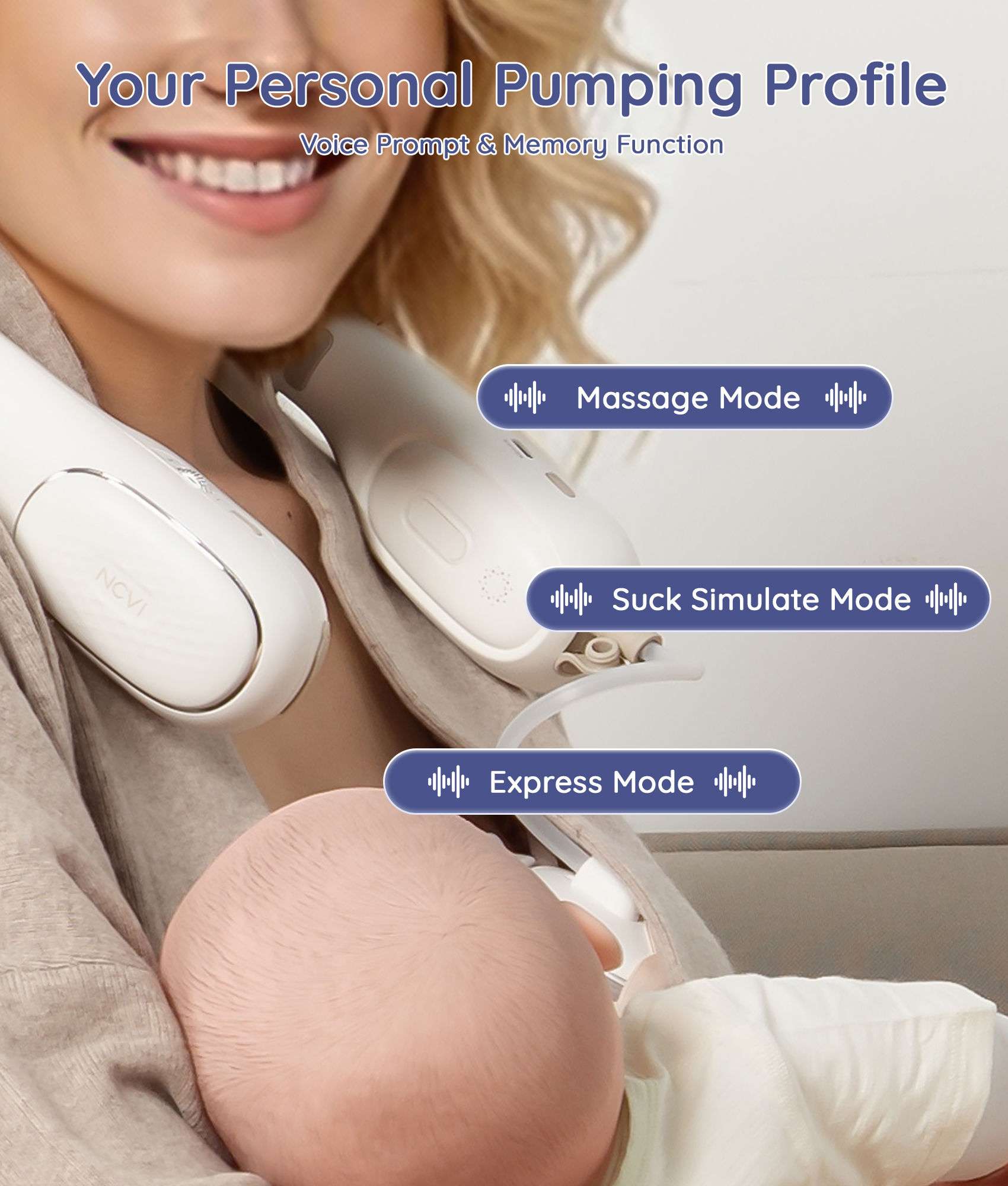 NCVI Neckband Wearable breast pump with personal pumping profile, voice prompt, memory, and multiple modes
