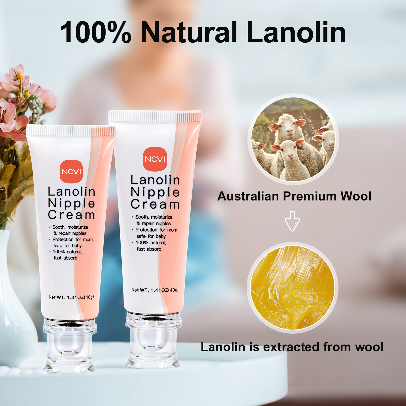 NCVI Pure Lanolin Nipple Cream for Breastfeeding, Nipple Crack Relief Care Cream for Breastfeeding Pain Suitable for Nursing Mothers/Pregnant Women, 100% Natural Ingredient -1.41 Ounces X 2PCS