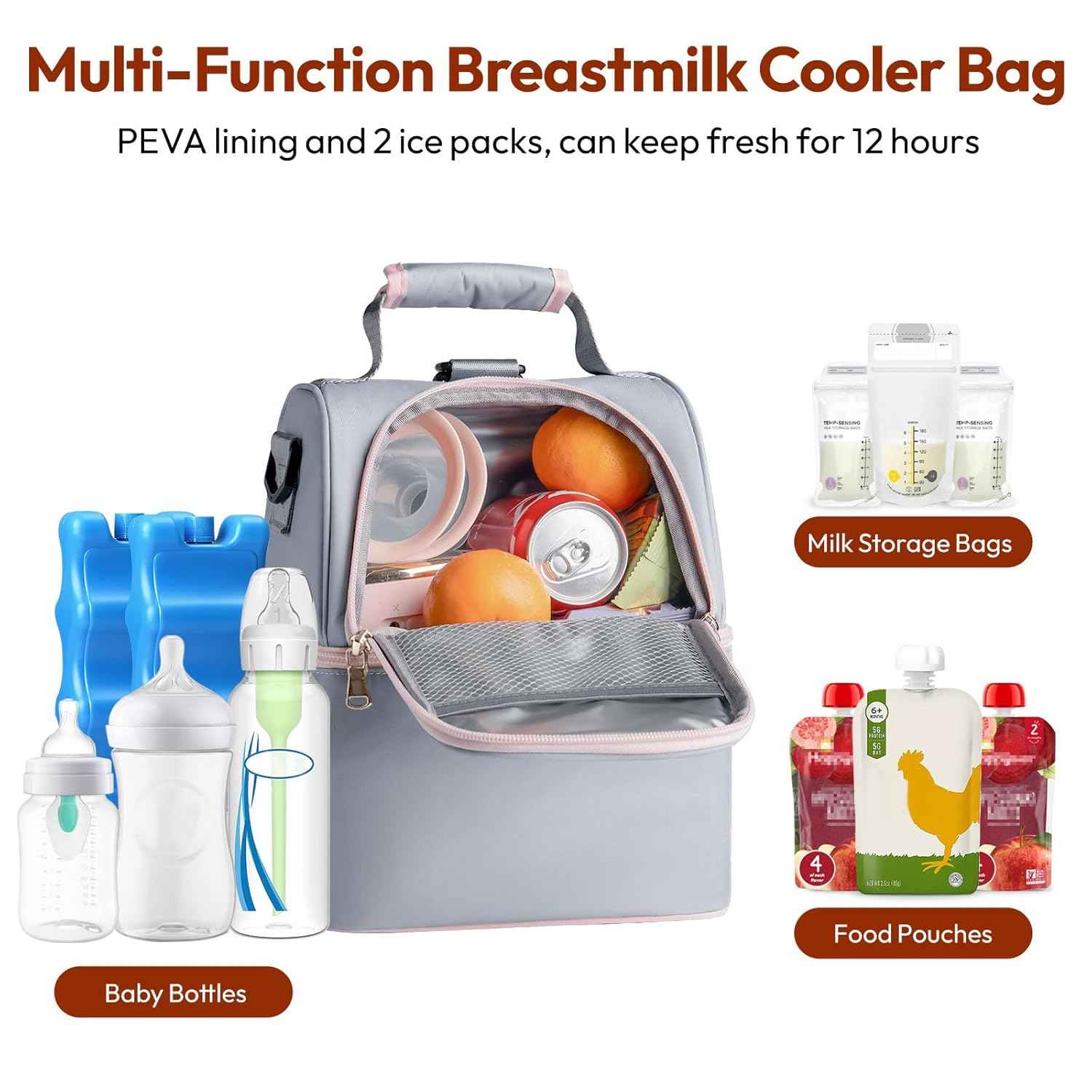 Alt: NCVI Breastmilk Cooler Bag 9509-6 multi-function bag with PEVA lining and ice packs for milk storage bags, food pouches, and bottles.