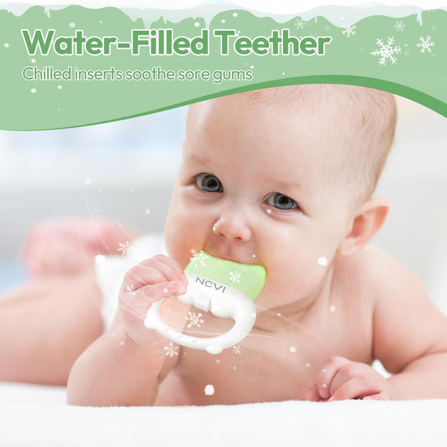 NCVI Freezable Baby Teething Toys – Cooling Relief for Babies 0-12 Months, BPA-Free, Water-Filled & Ice Teething Toys, Safe & Effective Cold Teethers for Soothing Sore Gums, Pink & Green
