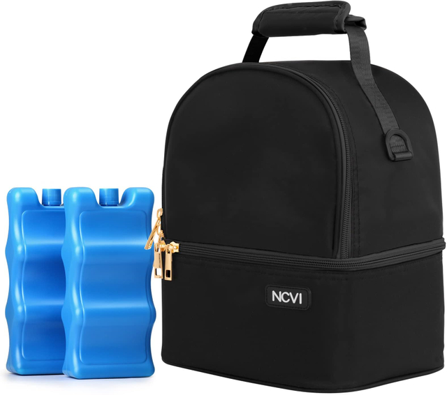 NCVI Breastmilk Cooler Bag with 2 Ice Pack ‎9510-9, Breast Pump Bag with Cooler Fits 6 Bottles, Double Layer Breast Milk Baby Bottle Cooler Bag, for Travel, Nursing Mom Daycare, Work, Picnic (Black)