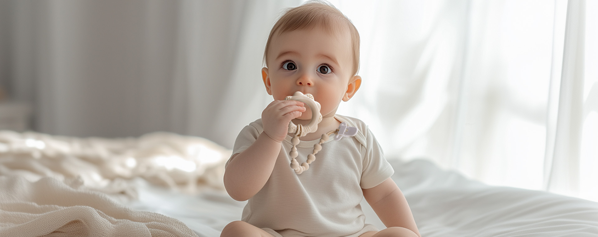 Baby Care 9783-6 The baby is sitting on the bed and gnawing on a teething toy_