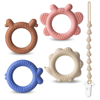 NCVI 4 Pack Silicone Teething Rings for Babies 0-6 Months, Ring Teether Infant Toys with Pacifier Clip, Infant Toddler Chew Toys 3-6 6-12 Months, Easy to Grasp Toy, BPA Free Baby Teething Relief