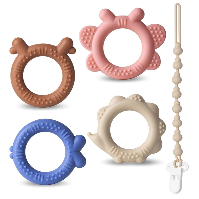 NCVI 4 Pack Silicone Teething Rings for Babies 0-6 Months, Ring Teether Infant Toys with Pacifier Clip, Infant Toddler Chew Toys 3-6 6-12 Months