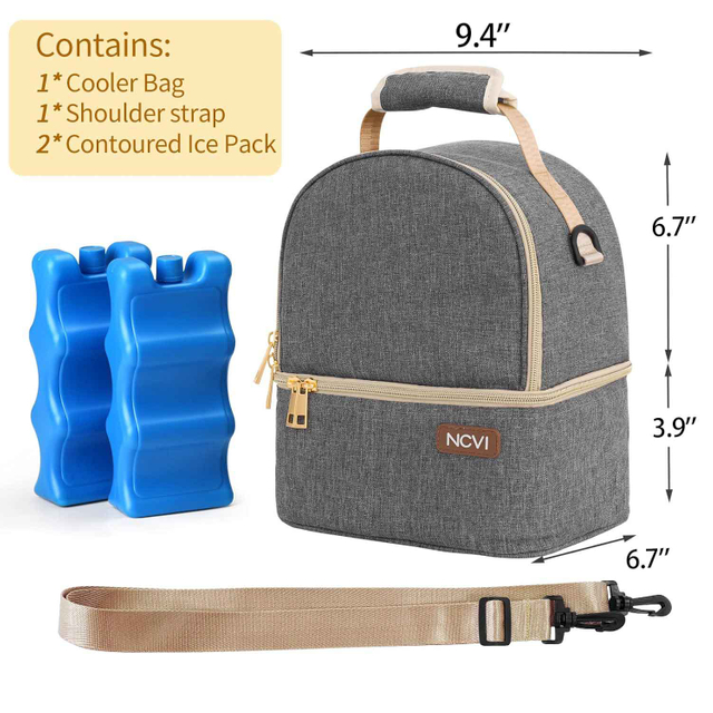 NCVI Breastmilk Cooler Bag with 2 Ice Pack (Grey) 9510-10, Breast Pump Bag with Cooler Fits 6 Bottles, Double Layer Breast Milk Baby Bottle Cooler Bag, for Travel, Nursing Mom Daycare, Work, Picnic 