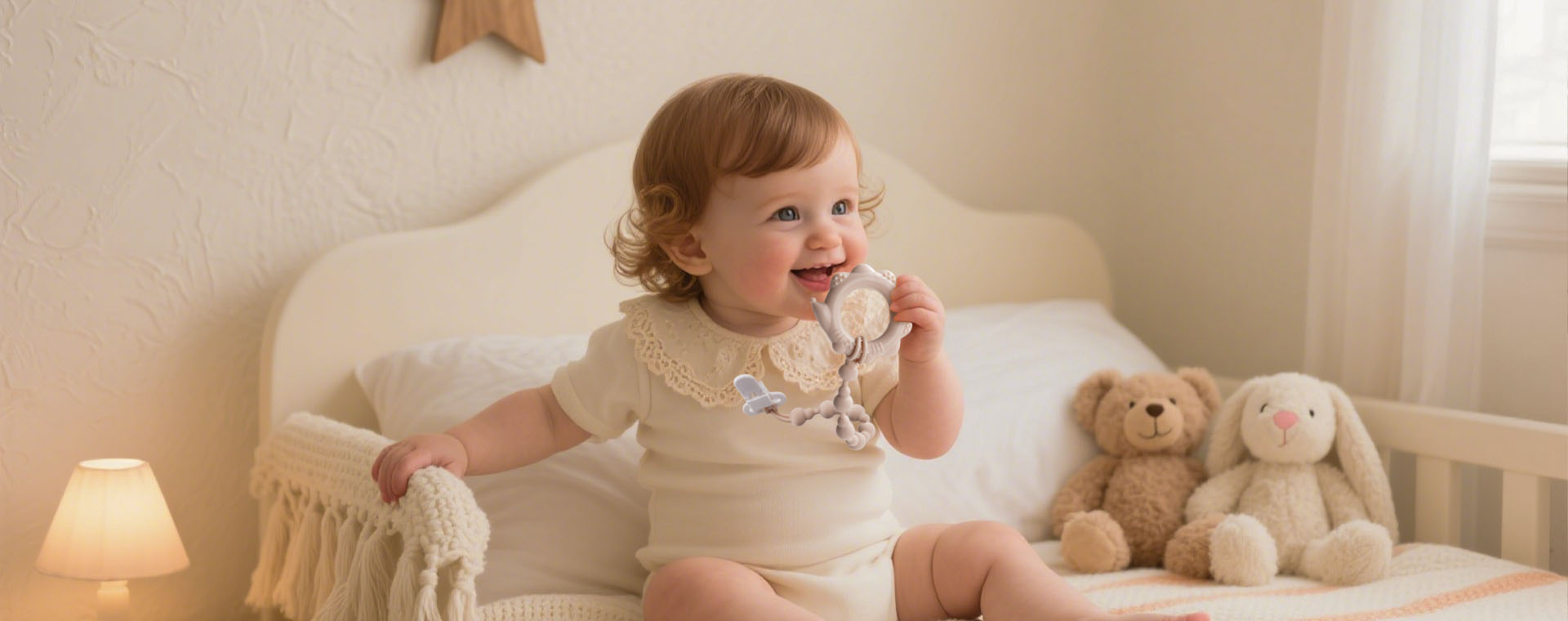 Baby Care 9783-6 The baby is sitting on the bed and gnawing on a teething toy_