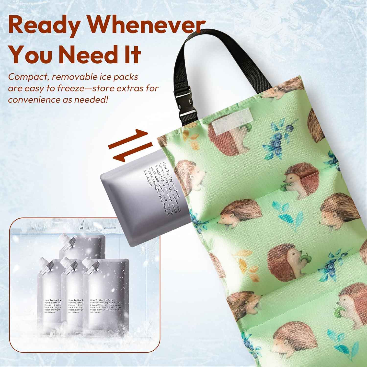 NCVI Car Seat Cooling Pad, Baby Stroller Cooling Pad - Compact, removable ice packs are easy to freeze and store extras for convenience as needed Hedgehog