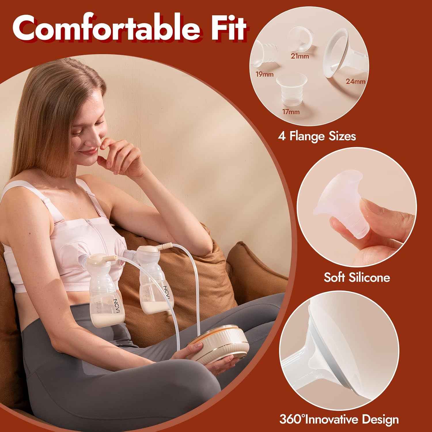 NCVI Electric Breast Pump 8132, 4 Flange Sizes, Comfortable Fit