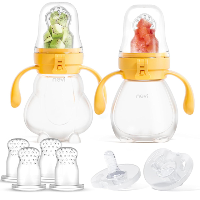 NCVI Baby Fruit Feeder with double pocket design, anti-backflow valve, and made from safe, BPA-free silicone for baby food