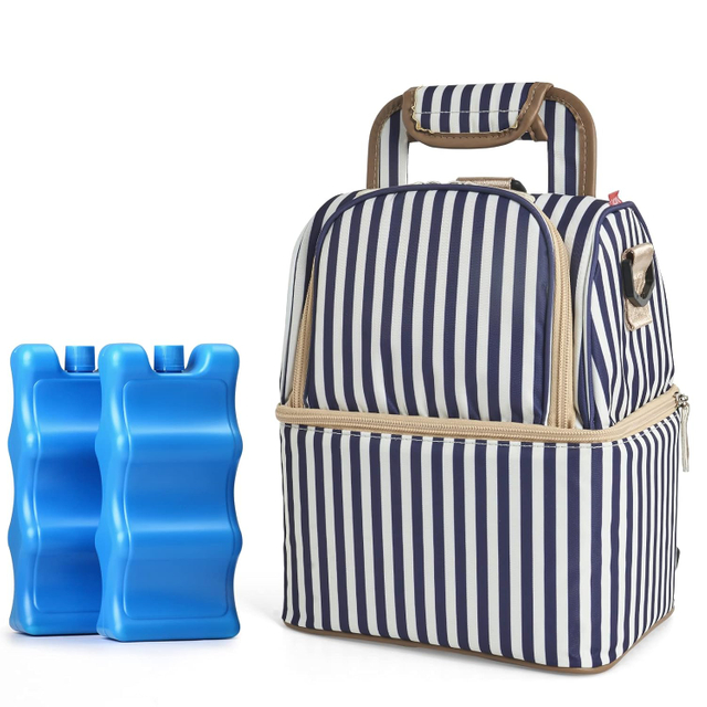 NCVI Breastmilk Cooler Bag with 2 Ice Pack 9509-12, Breast Pump Bag with Cooler Fits 6 Bottles, Double Layer Breast Milk Baby Bottle Cooler Bag, for Travel, Nursing Mom Daycare, Work, Picnic (Stripe)