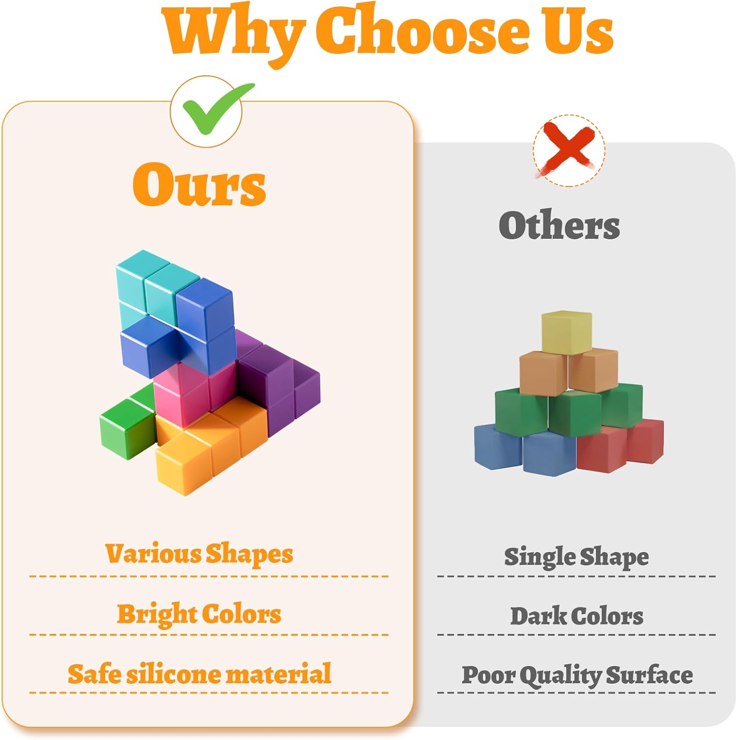 NCVI Soft Baby Blocks Advantages vs Competitors: Safe Silicone, Bright Colors, Multiple Shapes vs Single Shape, Dark Colors, Poor Quality
