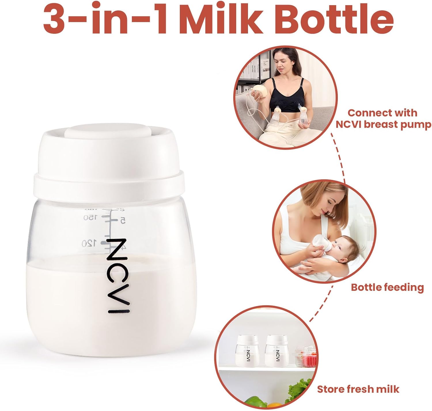 NCVI Baby Bottles, Milk Bottles Set Compatible Electric Pump 8102/8100/8122, Includes Nipples And Lids, Breastmilk Collection, Storage And Feeding, 6oz/180ml, 2 Pack