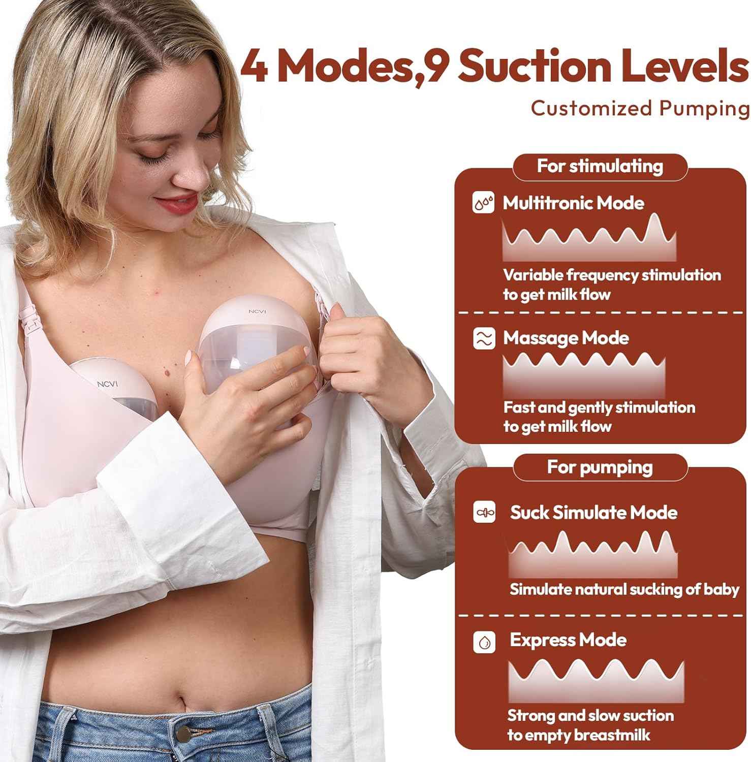 NCVI wearable breast pump 8131, 4modes, 9 suction levels