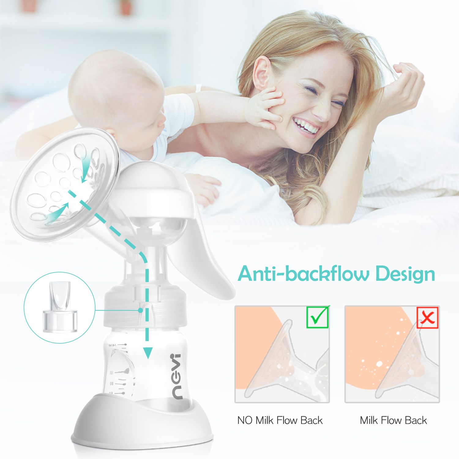 NCVI Manual Breast Pump with Milk Bottle,Portable Breastfeeding Pumps 5oz, BPA Free Soft Food Grade Silicone Powerful Suction