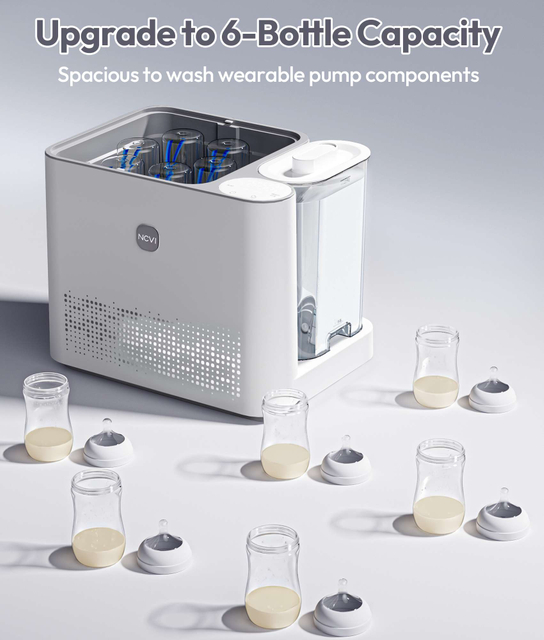 NCVI Baby Bottle Washer with 6-bottle capacity, hot wash cycles, steam sterilization, and 72-hour smart storage