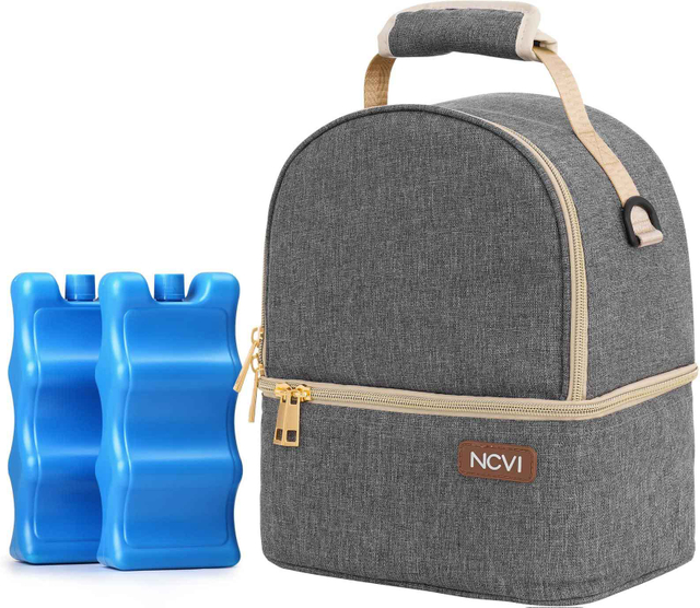 NCVI Breastmilk Cooler Bag with 2 Ice Pack (Grey) 9510-10, Breast Pump Bag with Cooler Fits 6 Bottles, Double Layer Breast Milk Baby Bottle Cooler Bag, for Travel, Nursing Mom Daycare, Work, Picnic 