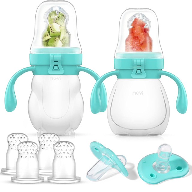 NCVI Baby Fruit Feeder with double pocket design, anti-backflow valve, and made from safe, BPA-free silicone for baby food