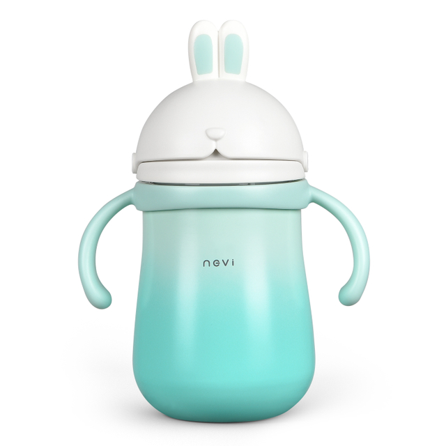 NCVI Rabbit Stainless Steel Straw Cup 10 Ounce Water Bottles for boys and girls with 2 Straw (Green)