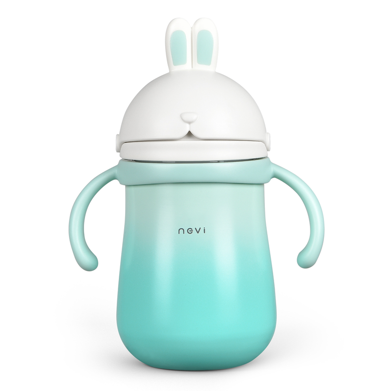 NCVI Rabbit Stainless Steel Straw Cup 10 Ounce Water Bottles for boys and girls with 2 Straw (Green)