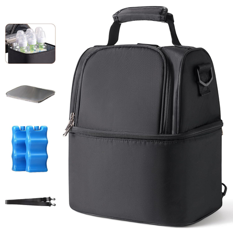 NCVI Breastmilk Cooler Bag with 2 Ice Pack (Black) 9509-4, Breast Pump Bag with Cooler Fits 6 Bottles, Double Layer Breast Milk Baby Bottle Cooler Bag, for Travel, Nursing Mom Daycare, Work, Picnic 