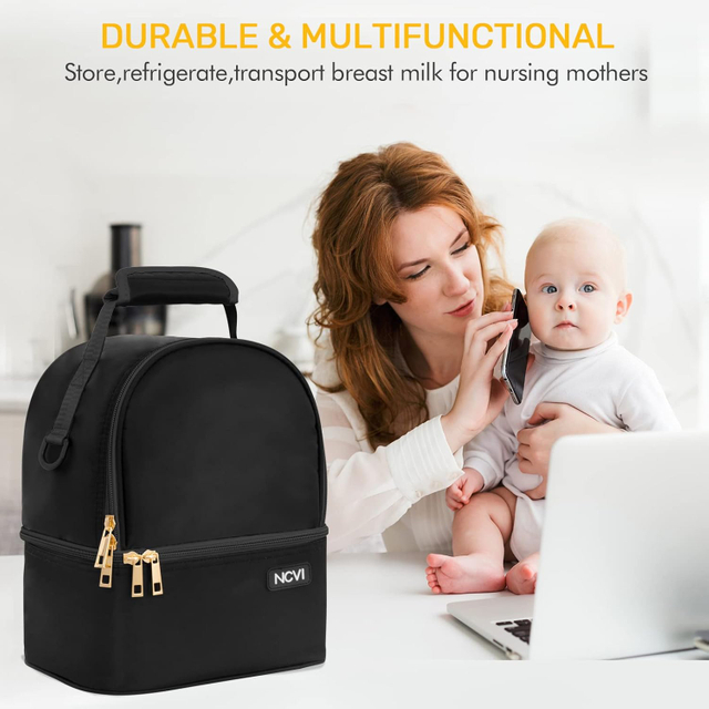 NCVI Breastmilk Cooler Bag with 2 Ice Pack 9510-9, Breast Pump Bag with Cooler Fits 6 Bottles, Double Layer Breast Milk Baby Bottle Cooler Bag, for Travel, Nursing Mom Daycare, Work, Picnic (Black)