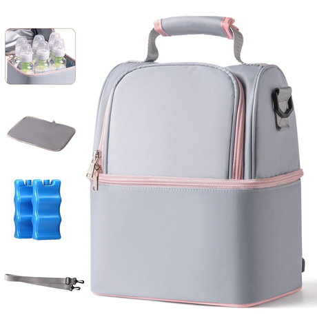 NCVI Breastmilk Cooler Bag with 2 Ice Pack (Grey) 9509-6, Breast Pump Bag with Cooler Fits 6 Bottles, Double Layer Breast Milk Baby Bottle Cooler Bag, for Travel, Nursing Mom Daycare, Work, Picnic 