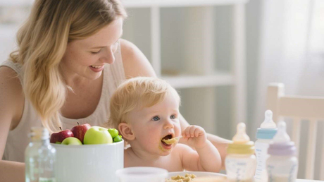 Mother smiled as she watched the baby eat.jpg