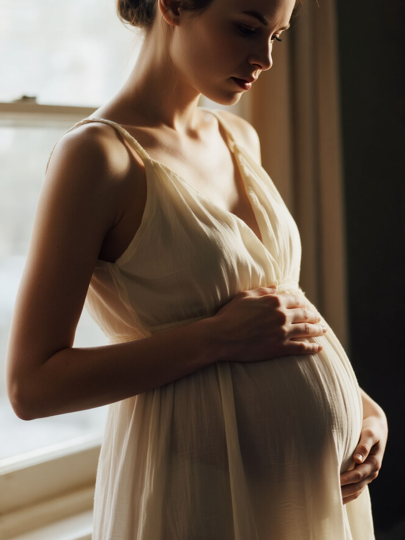 Mother gently stroked her pregnant belly