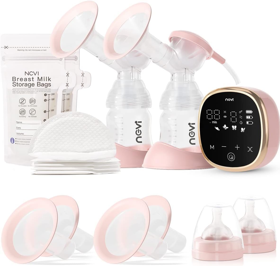 Demo-NCVI Double Electric Breast Pump 8782, Portable Anti-Backflow, with 4 Size Flanges, 4 Modes & 9 Levels, LED Display, 10 Breastmilk Storage Bags, Ultra-Quiet And Pain Free Breast Pumps