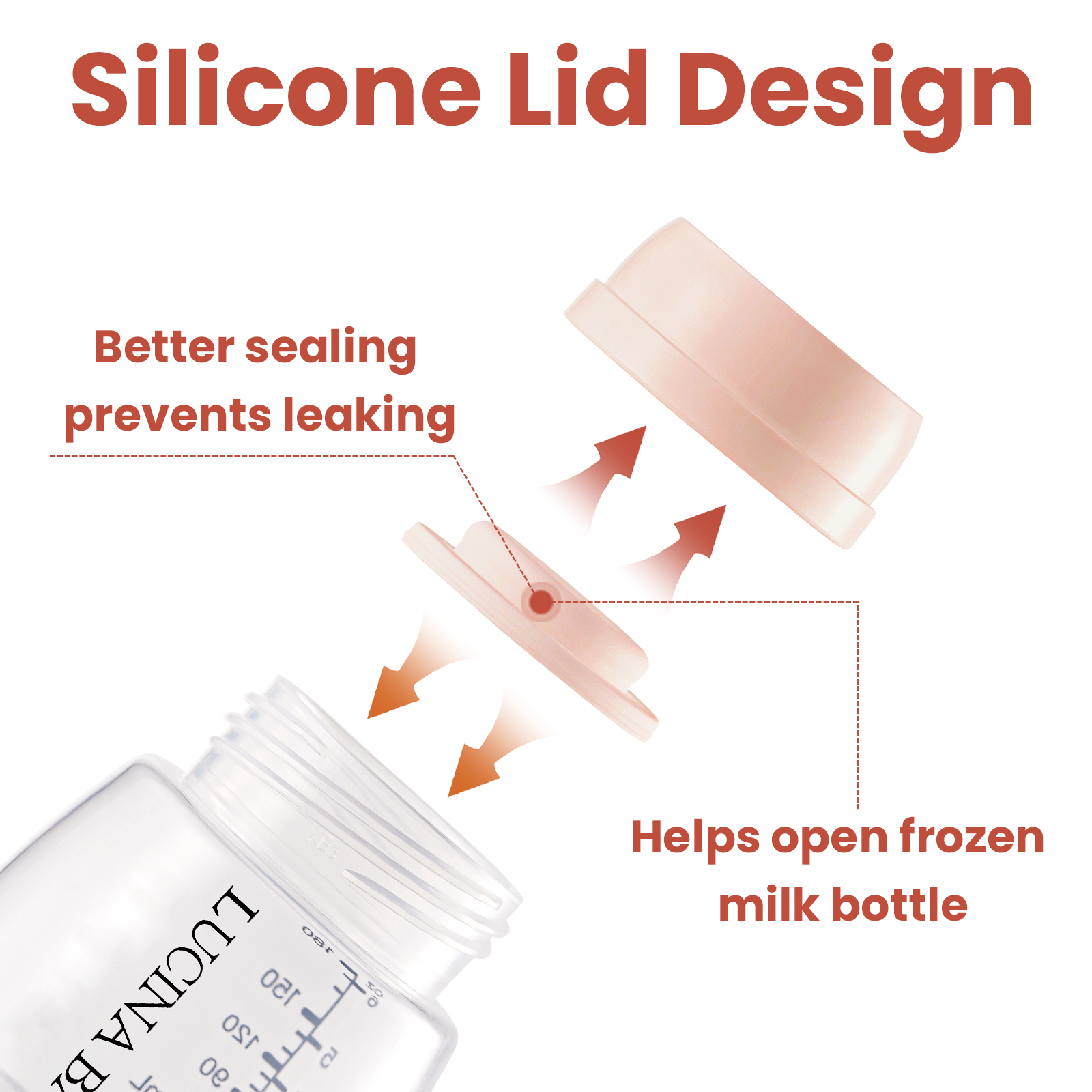 LUCINA BABY silicone lid design - better sealing prevents leaking, helps open frozen milk bottle easily