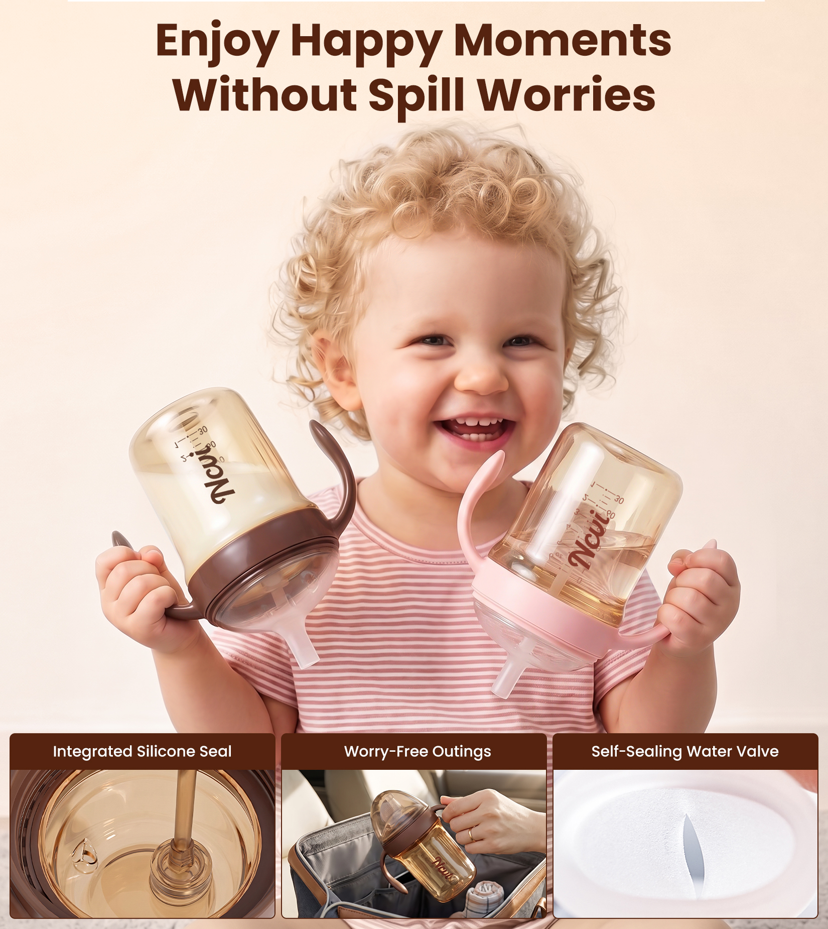 NCVI Sippy Cups for Toddlers 1-3, Toddler Cups, Spill Resistant, 6oz, Brown