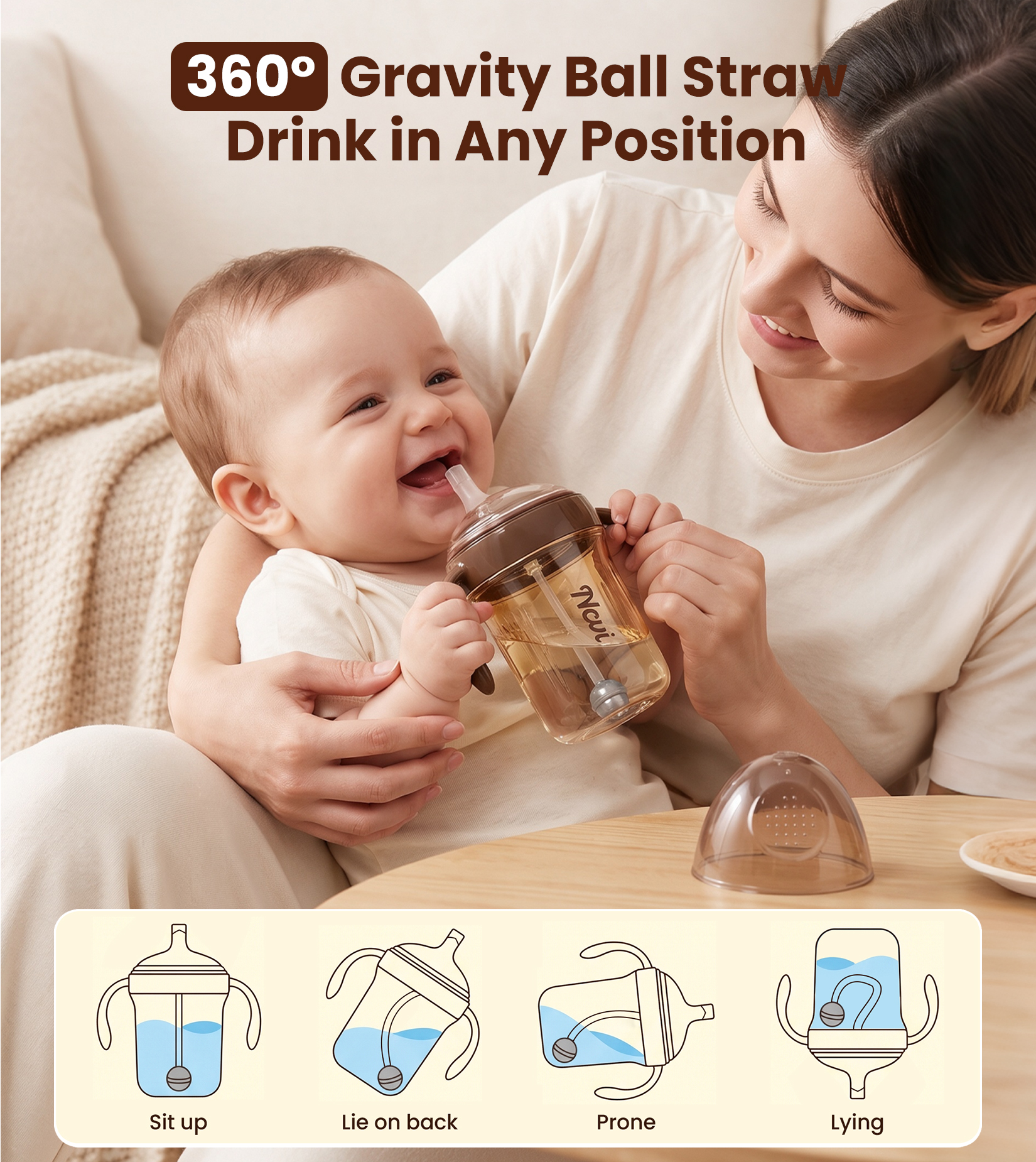 NCVI Sippy Cups for Toddlers 1-3, Toddler Cups, Spill Resistant, 6oz, Brown