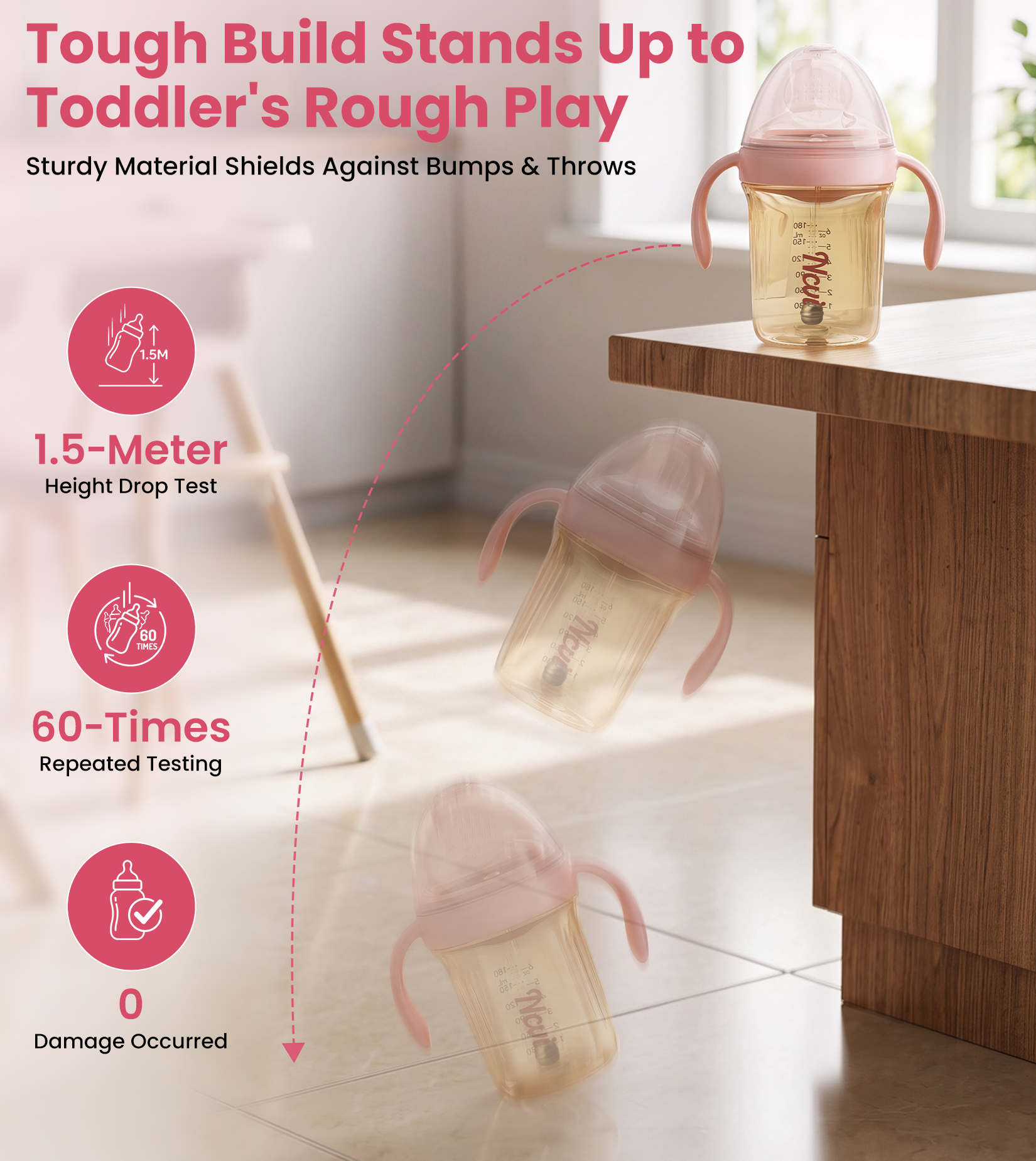 NCVI Sippy Cups for Toddlers 1-3, PPSU Toddler Cups Spill Proof, 6oz, Pink