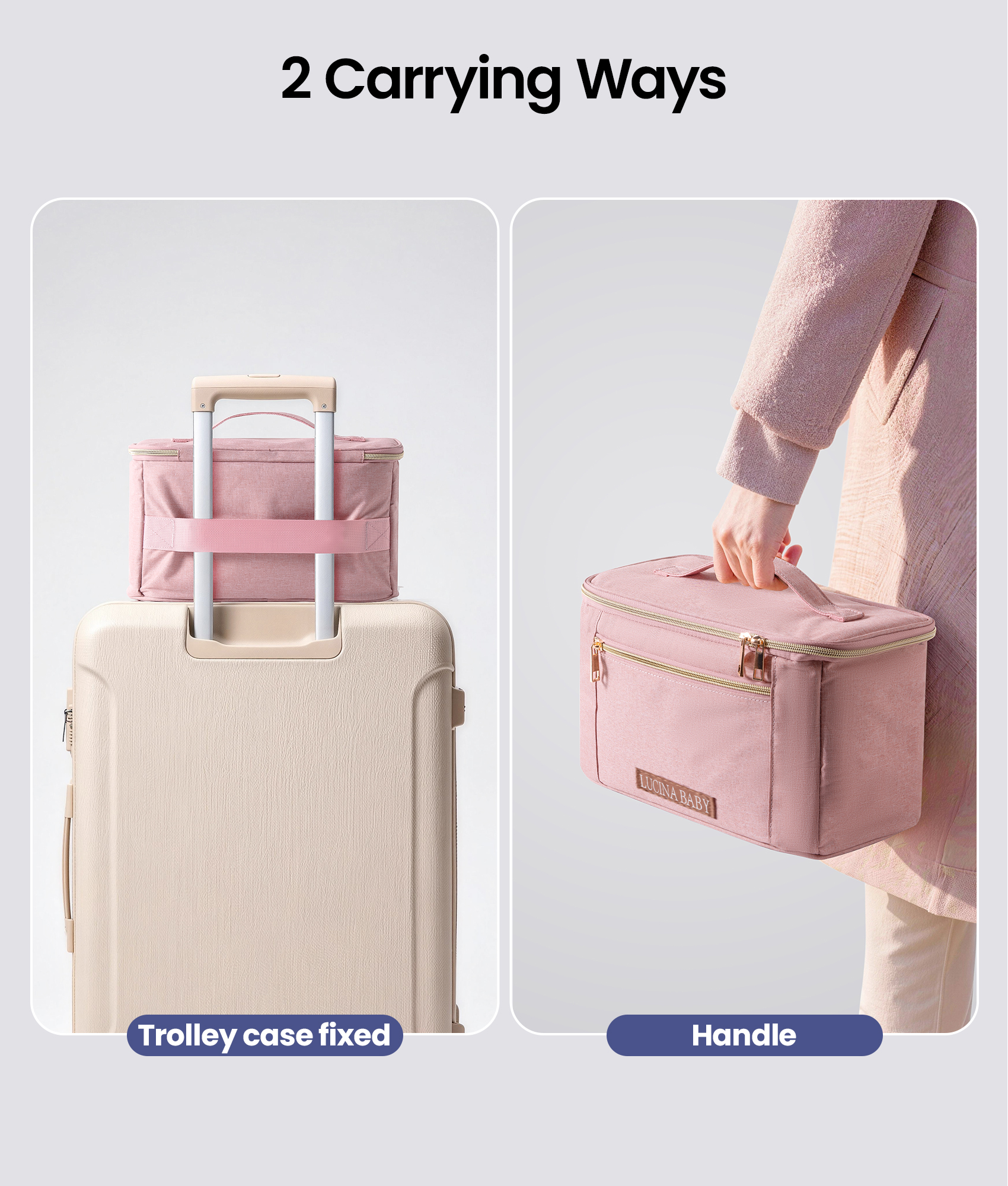 LUCINA BABY breast pump bag with 2 carrying ways - fits over trolley case handle or use the hand grip, perfect for commuting working moms