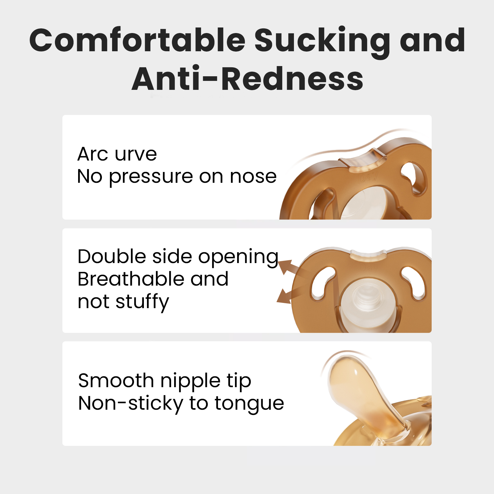 LUCINA BABY pacifier with arc curve to avoid nose pressure, double side opening for breathability, smooth tip prevents tongue sticking