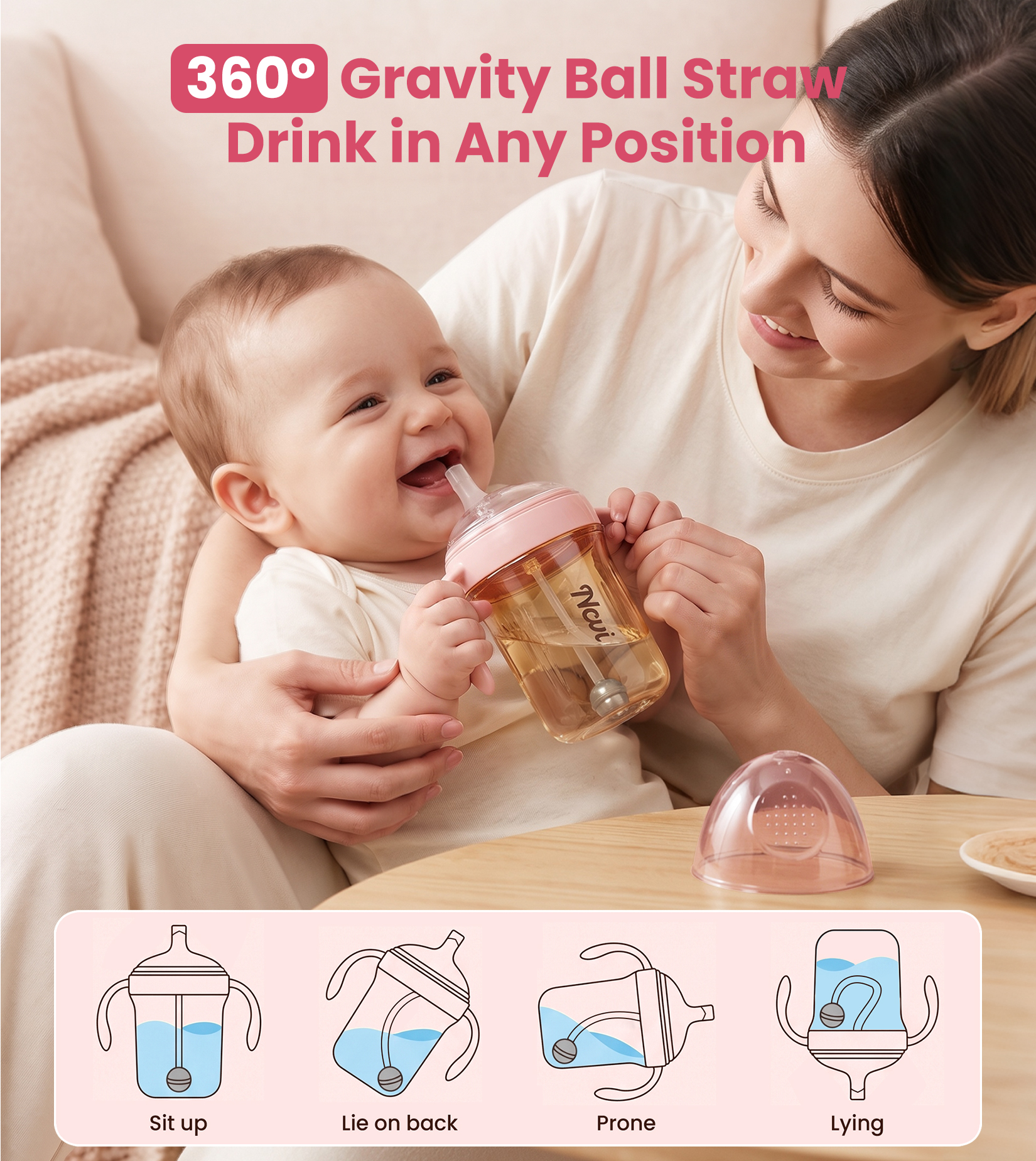 NCVI Sippy Cups for Toddlers 1-3, PPSU Toddler Cups Spill Proof, 6oz, Pink
