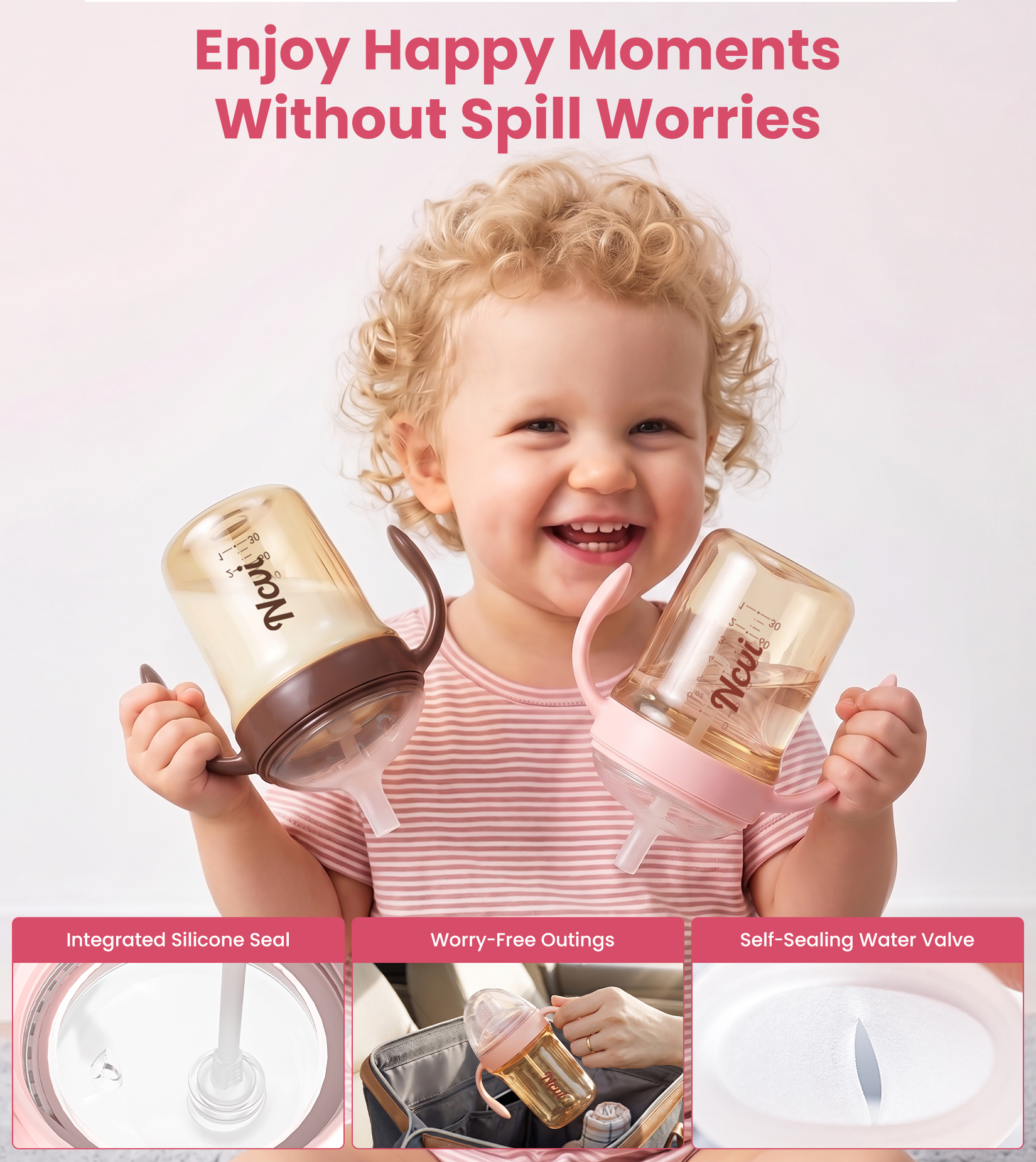 NCVI Sippy Cups for Toddlers 1-3, PPSU Toddler Cups Spill Proof, 6oz, Pink