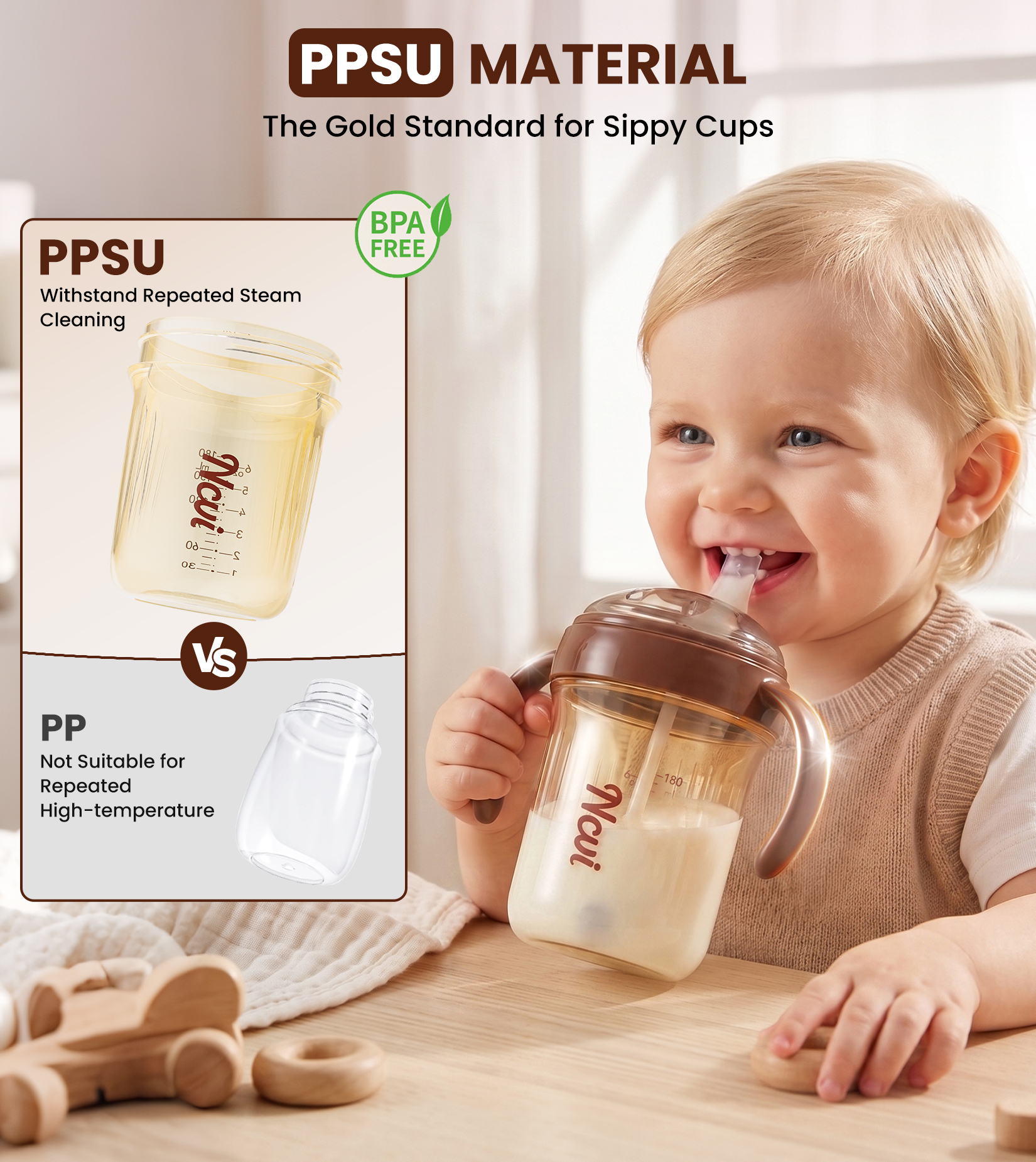 NCVI Sippy Cups for Toddlers 1-3, Toddler Cups, Spill Resistant, 6oz, Brown